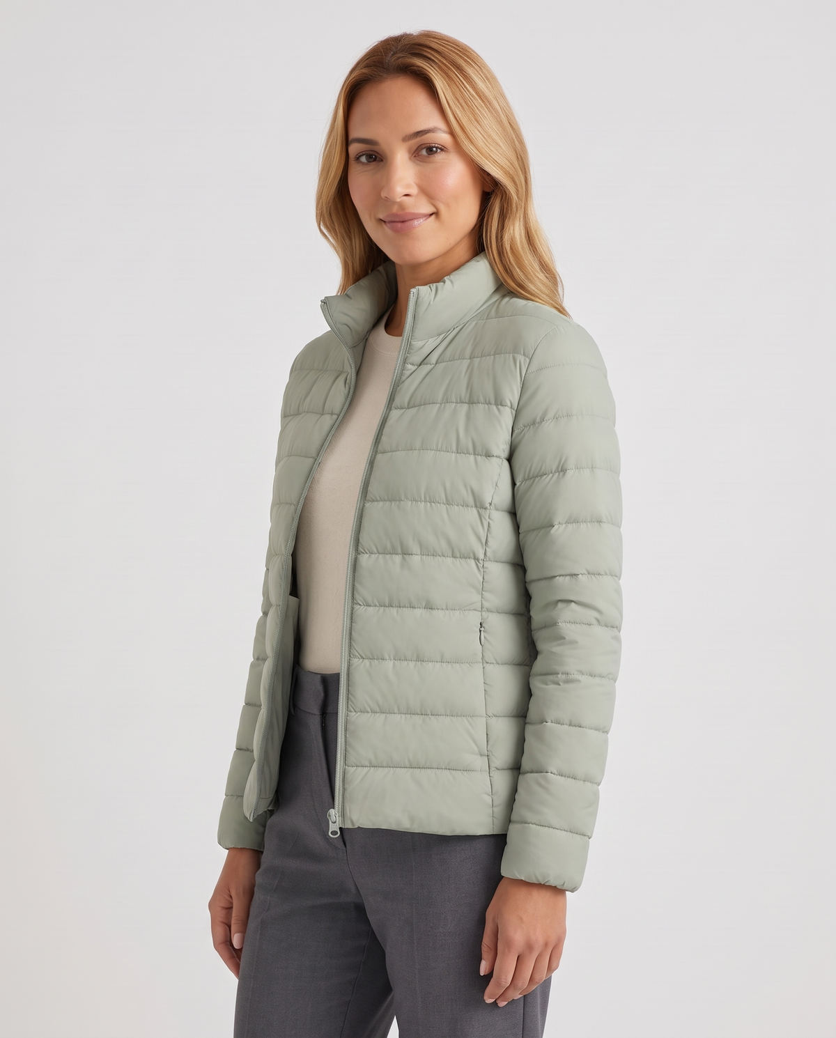 Vivienne Women's Quilted Puffer Jacket - Matcha - three quarter view