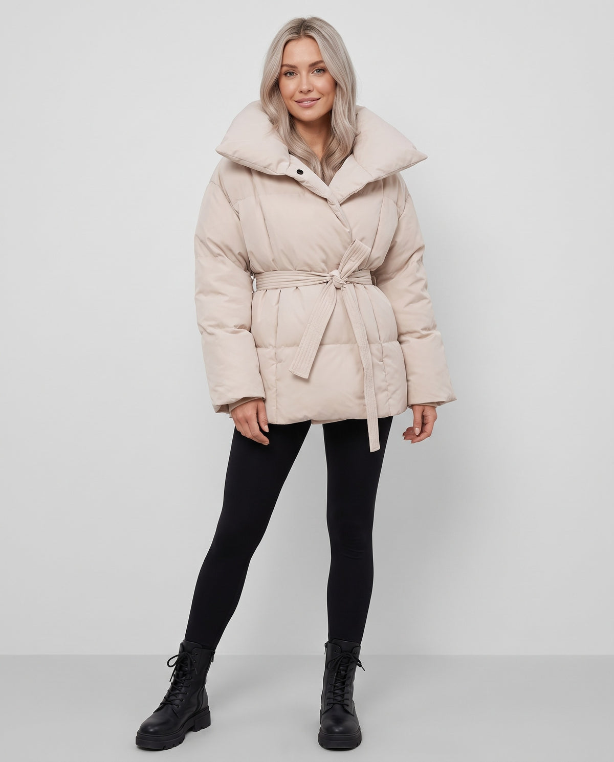 Margot | Women's Winter Puffer Jacket with Oversized Collar and Tie Belt in Beige
