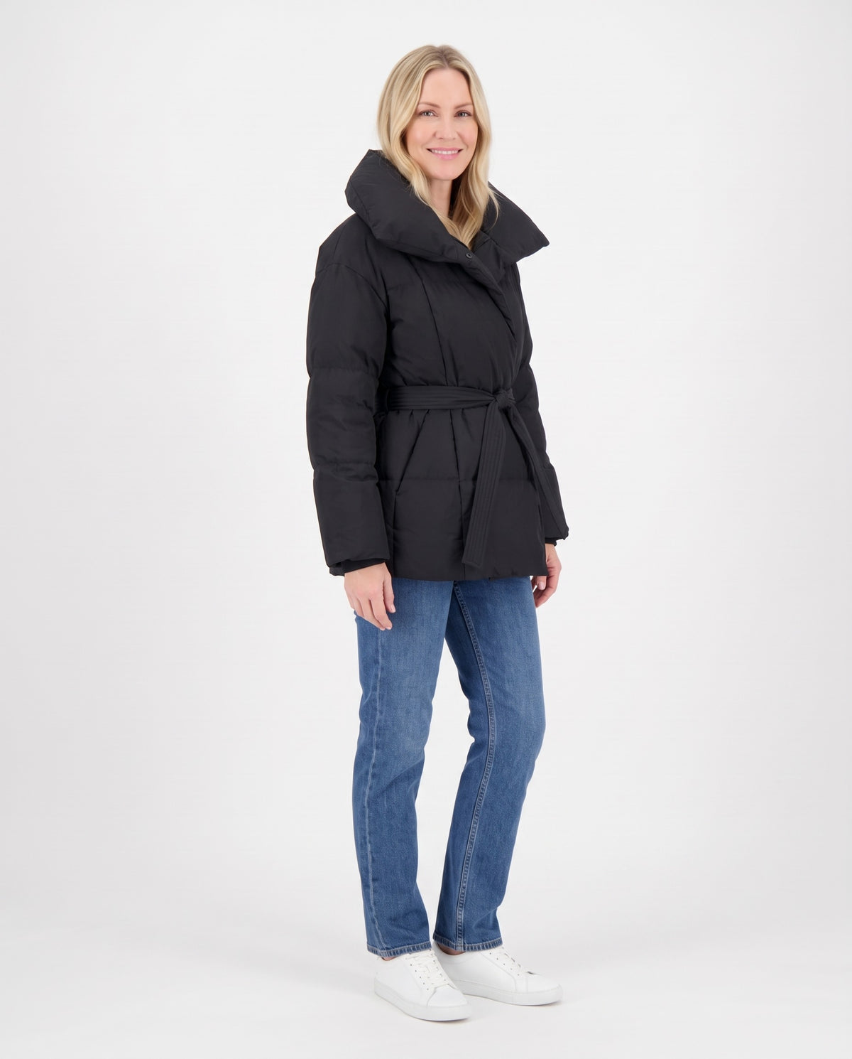 Margot | Women's Winter Puffer Jacket with Oversized Collar and Tie Belt in Black side view