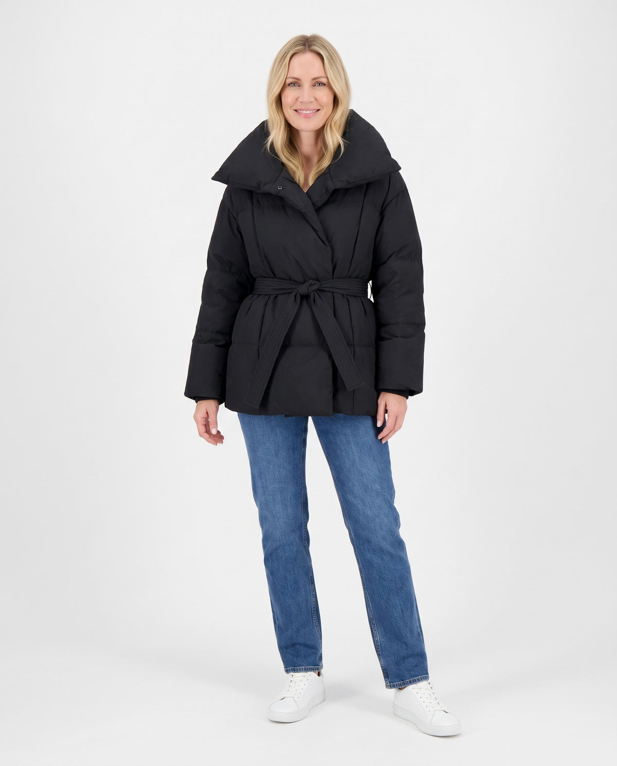 Margot | Women's Winter Puffer Jacket with Oversized Collar and Tie Belt in Black