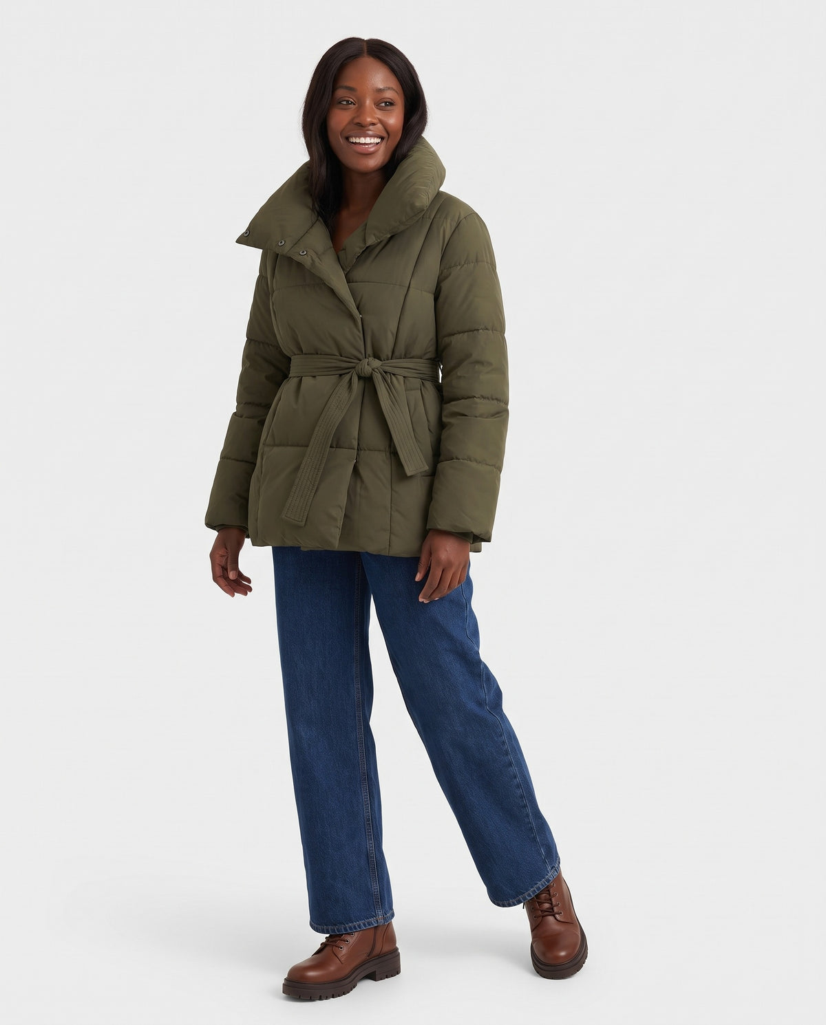 Margot | Women's Winter Puffer Jacket with Oversized Collar and Tie Belt in Olive Green