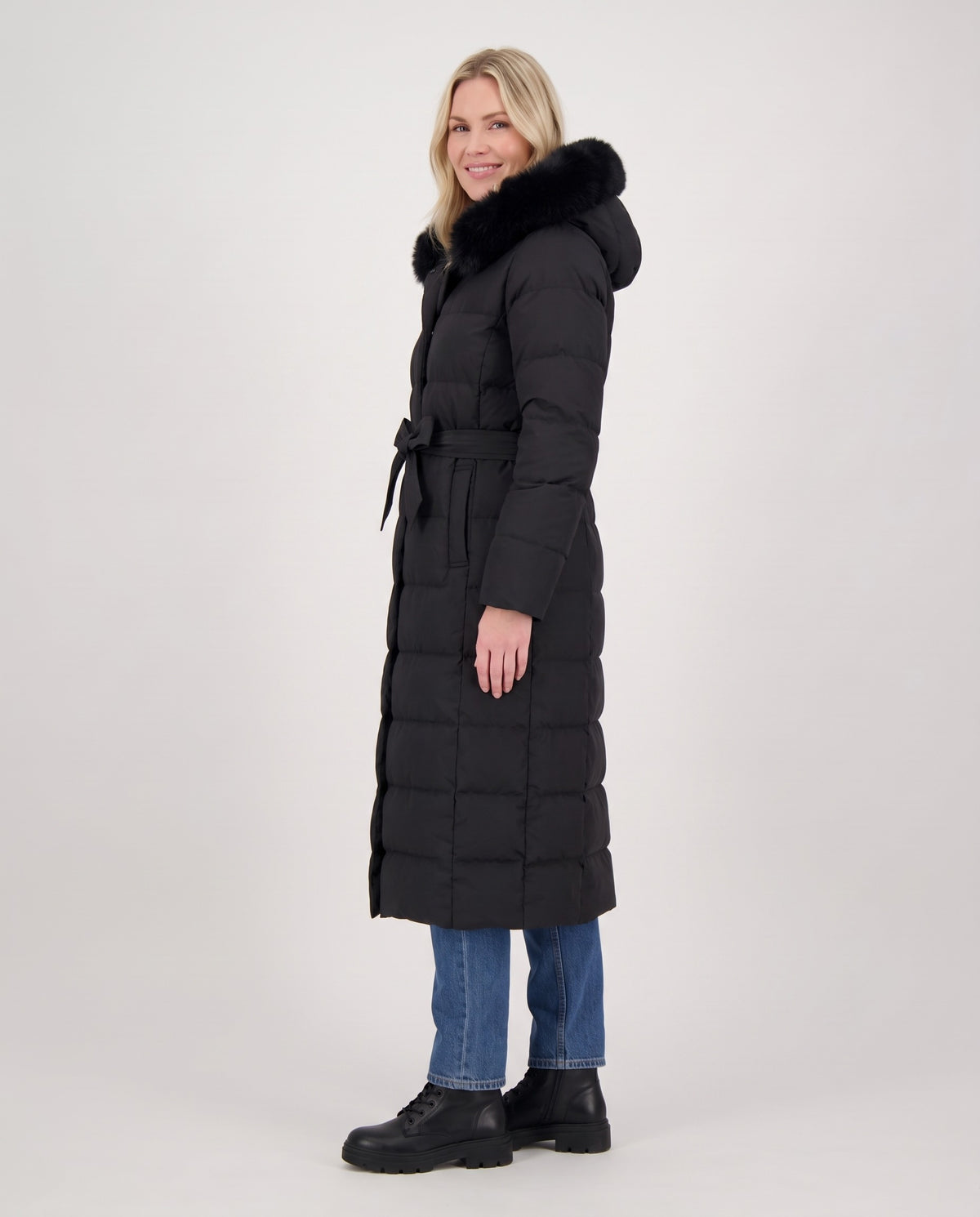 Cleo | Women's Belted Winter Puffer Coat with Faux Fur Hood and Tie Belt in Black side view
