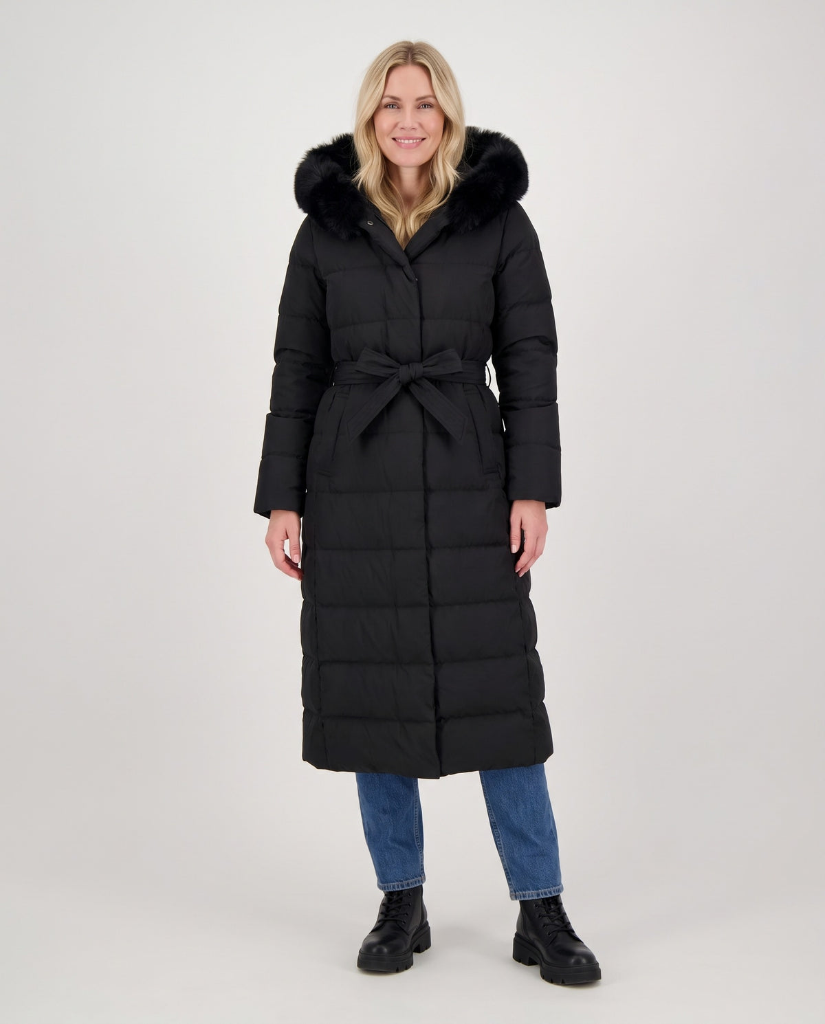 Cleo | Women's Belted Winter Puffer Coat with Faux Fur Hood and Tie Belt in Black