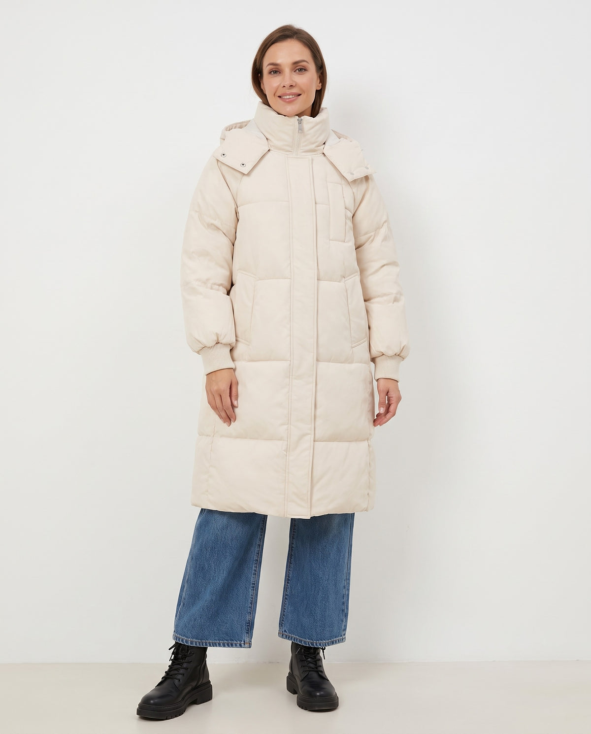 Winifred | Women's Long Puffer Coat with Hood and Stand Collar for Winter in Beige