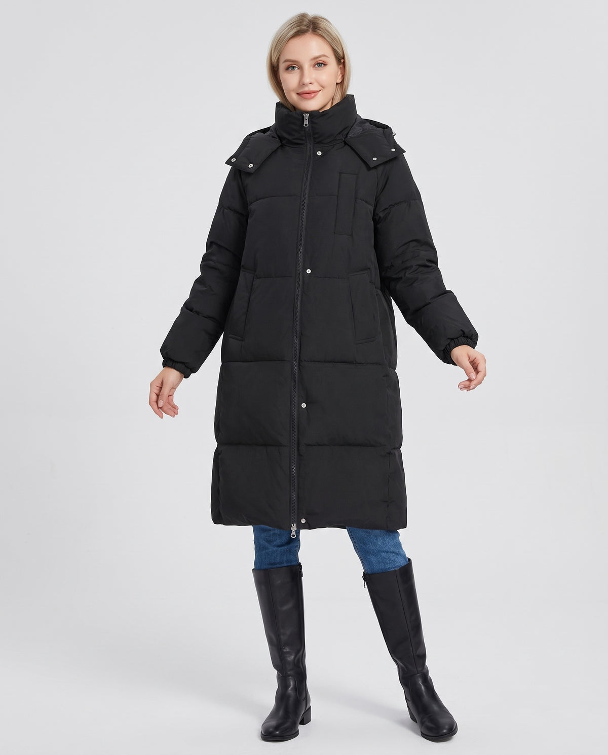 Winifred | Women's Long Puffer Coat with Hood and Stand Collar for Winter in Black