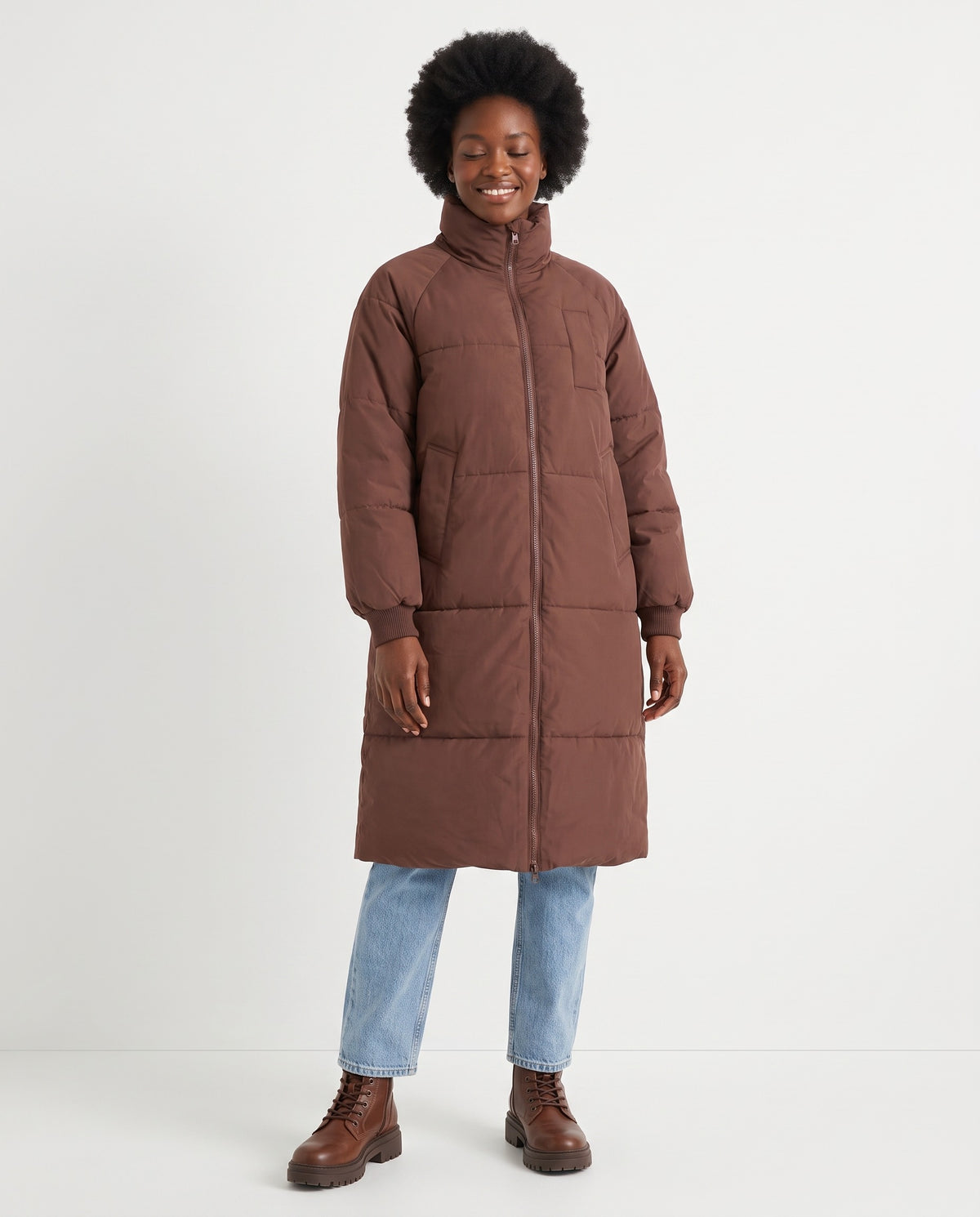 Winifred | Women's Long Puffer Coat with Hood and Stand Collar for Winter in Brown