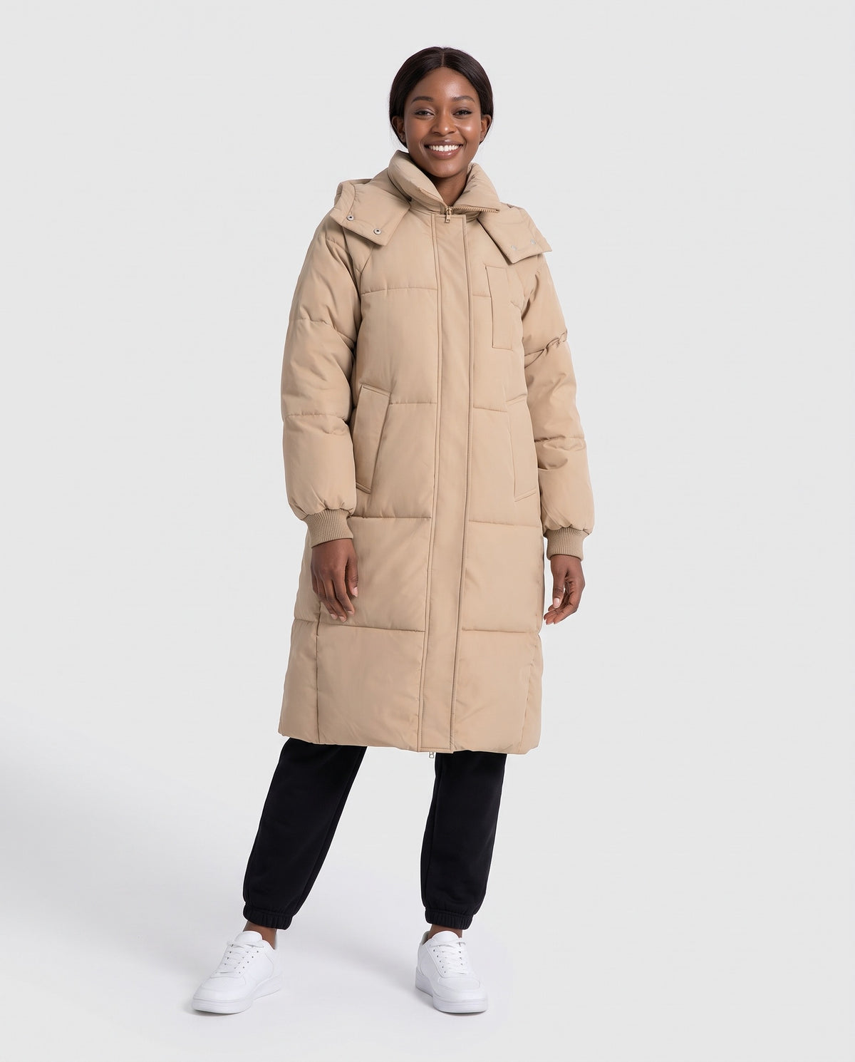 Winifred | Women's Long Puffer Coat with Hood and Stand Collar for Winter in Khaki