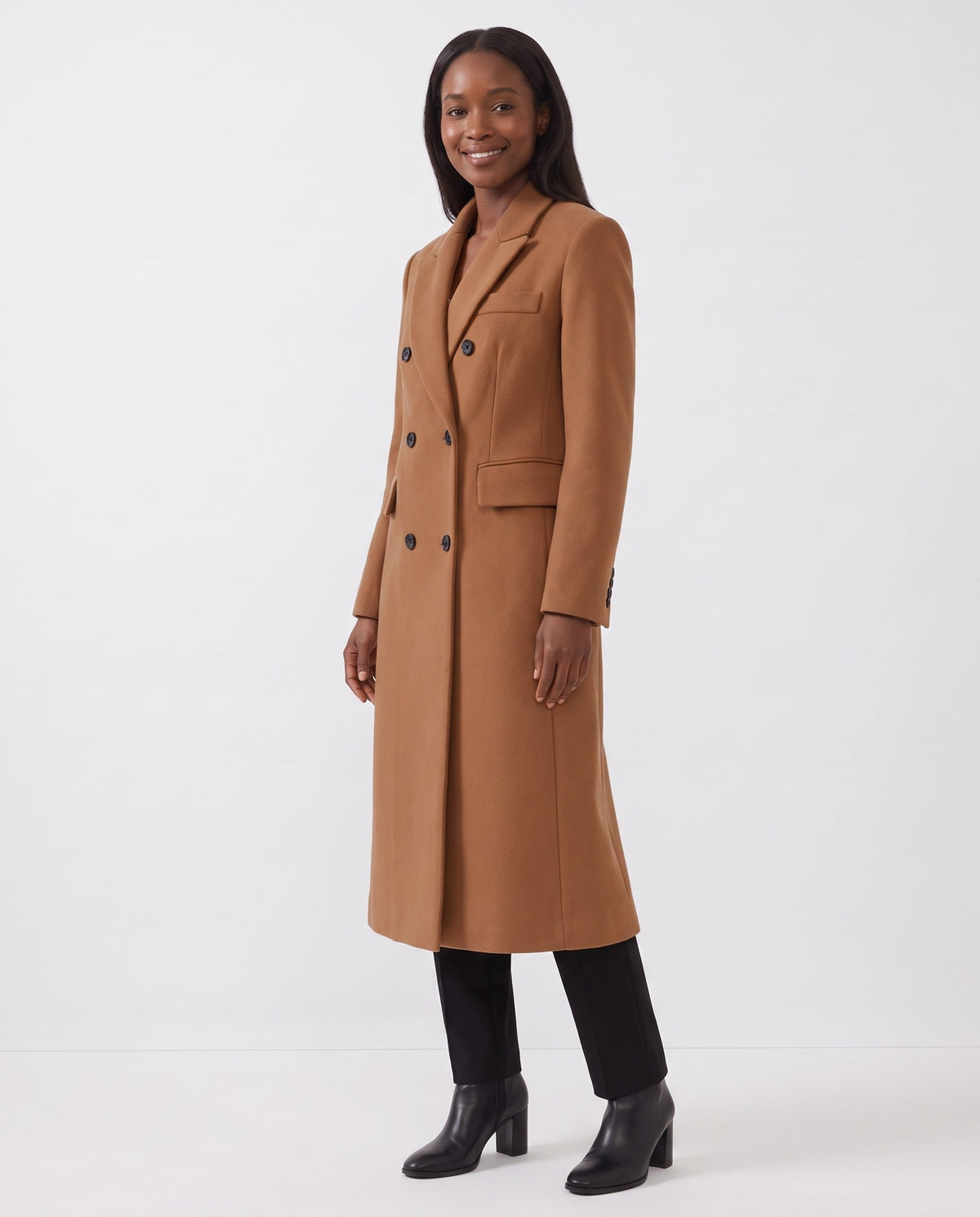 Noelle | Women's Long Wool Coat with Double Breasted Front for Winter in Brown side view