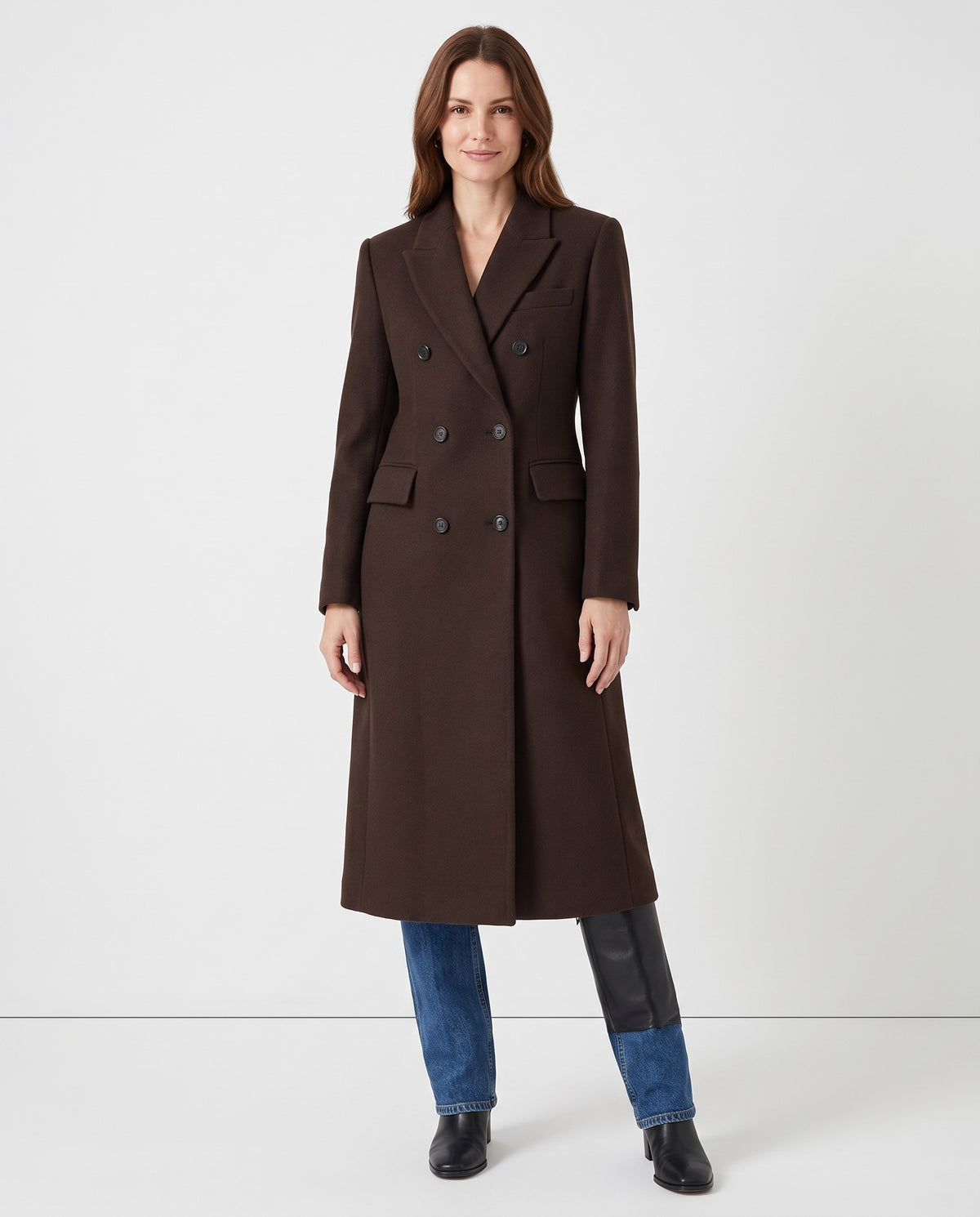 Noelle | Women's Long Wool Coat with Double Breasted Front for Winter in Dark Brown