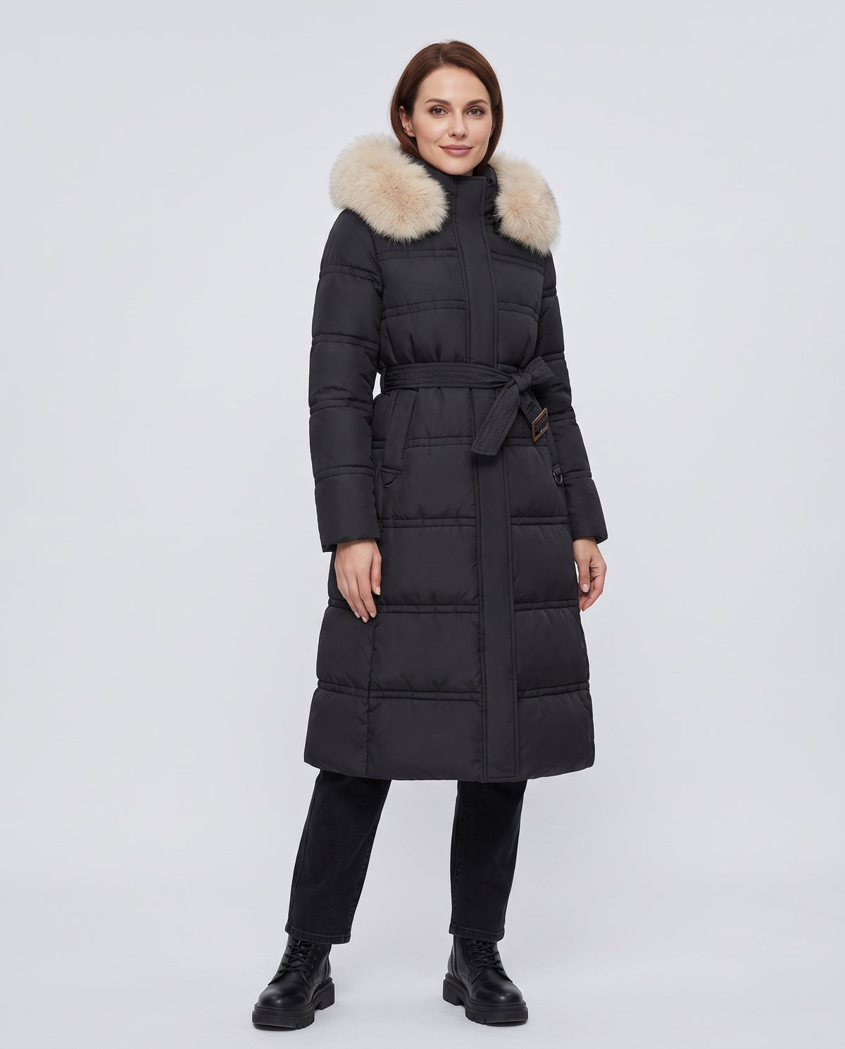 Effie | Women's Faux Fur Puffer Coat with Hood and Tie Belt for Winter in Black with Beige Collar