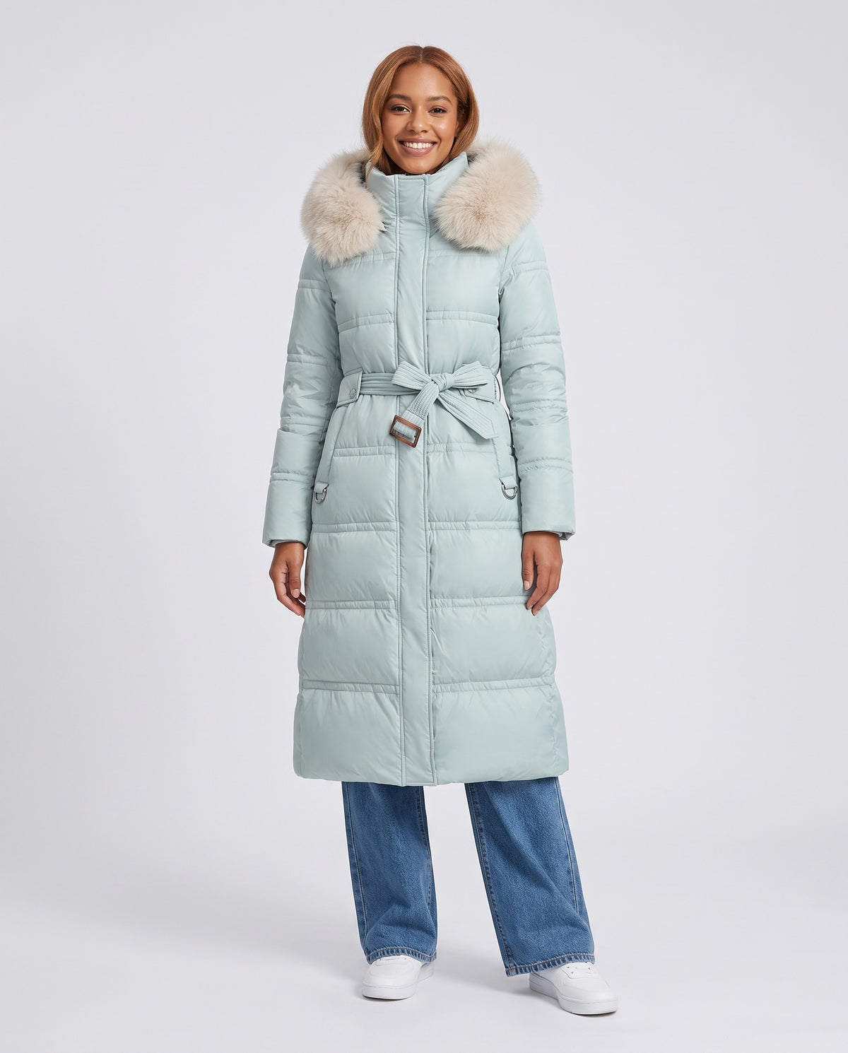 Effie | Women's Faux Fur Puffer Coat with Hood and Tie Belt for Winter in Blue with Beige Collar