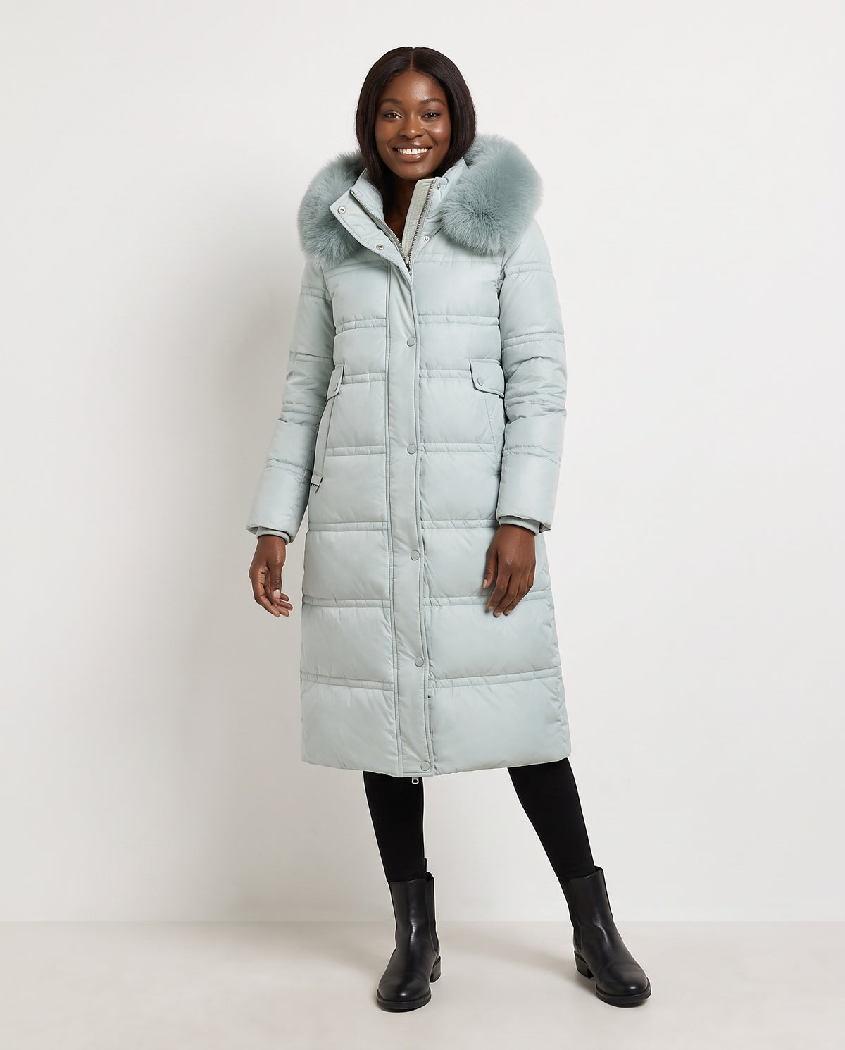 Effie | Women's Faux Fur Puffer Coat with Hood and Tie Belt for Winter in Blue