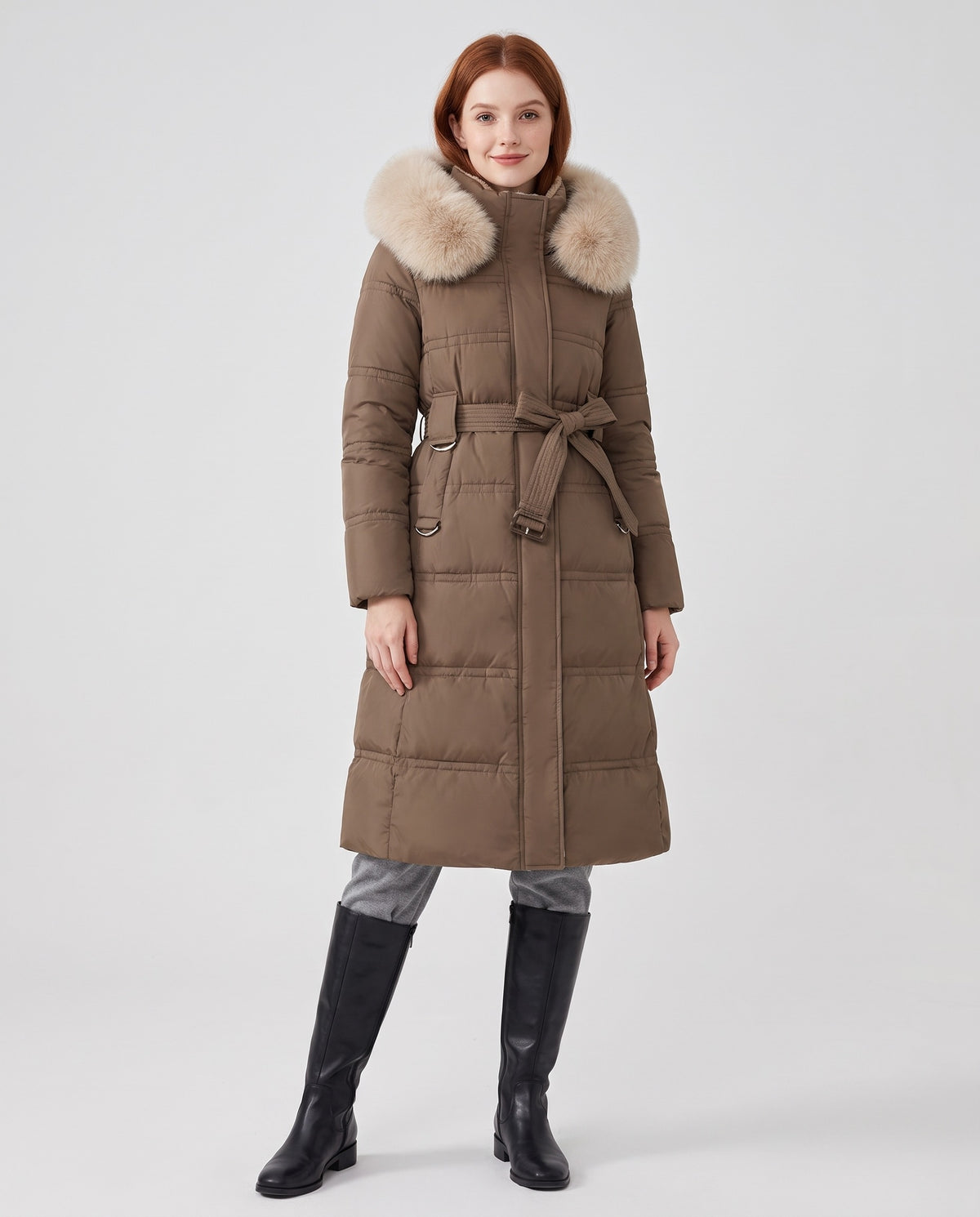 Effie | Women's Faux Fur Puffer Coat with Hood and Tie Belt for Winter in Coffee with Beige Collar