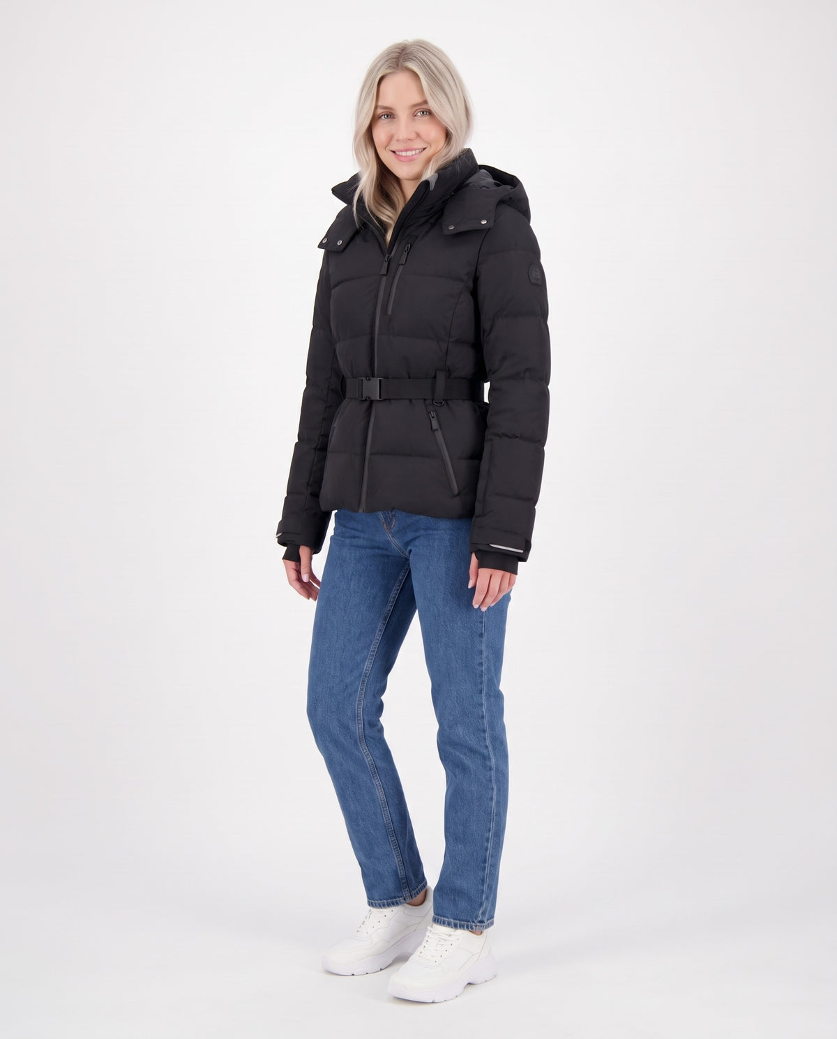 Tabitha | Women's Fitted Winter Puffer Jacket with Belted Waist and Hood in Black side view