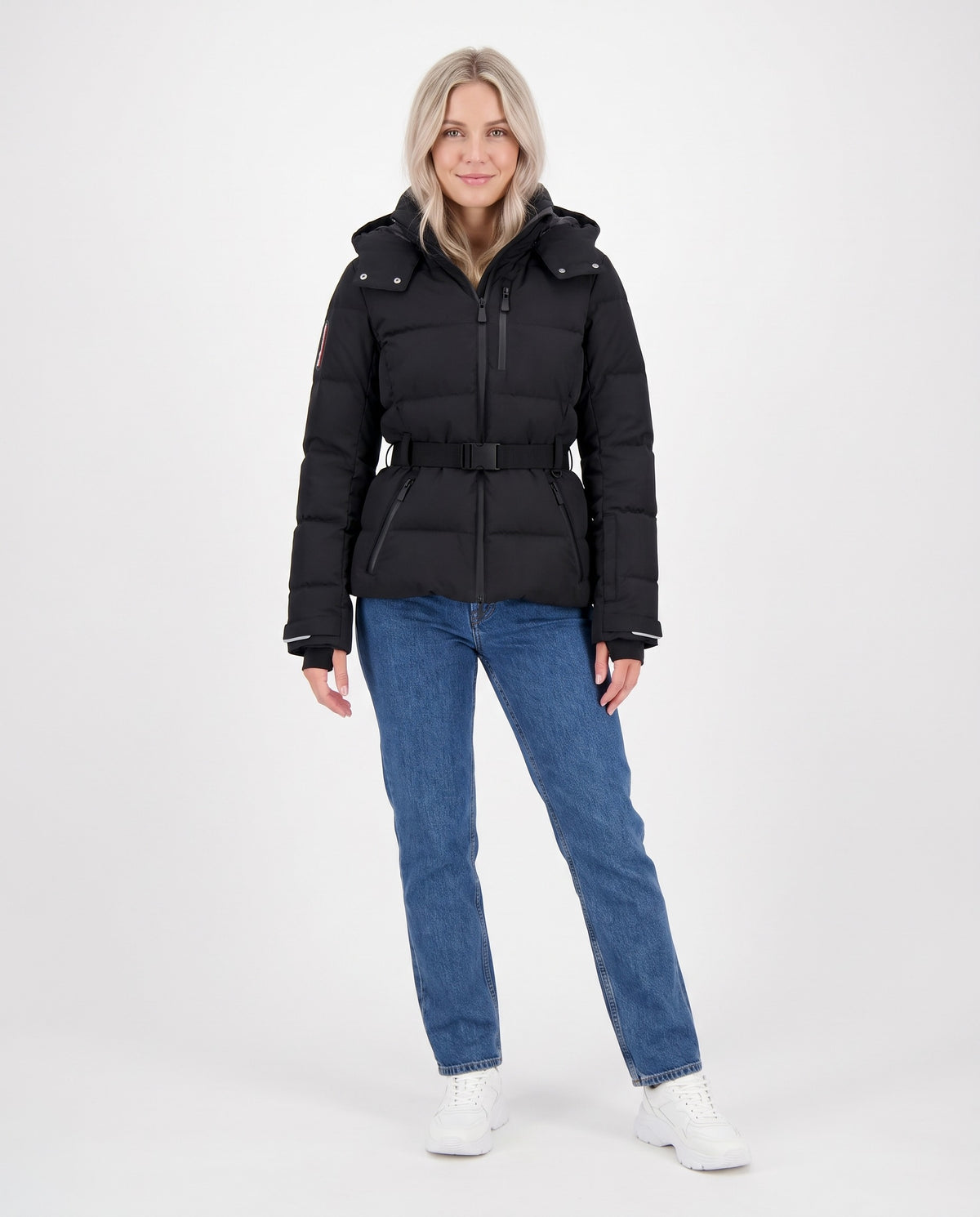 Tabitha | Women's Fitted Winter Puffer Jacket with Belted Waist and Hood in Black