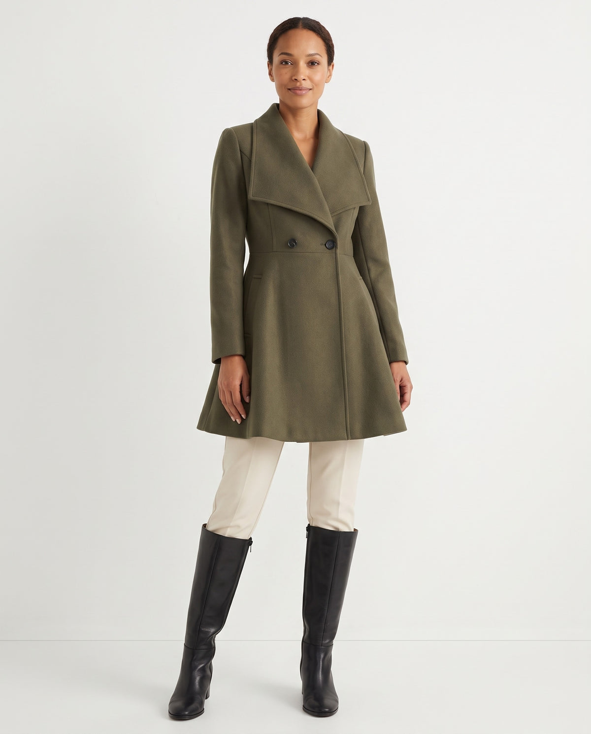Odile | Women's Fitted Winter Wool Coat with Draped Lapel and Flared Hem in Khaki