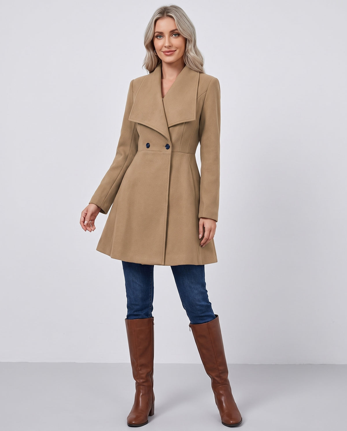 Odile | Women's Fitted Winter Wool Coat with Draped Lapel and Flared Hem in Light Brown