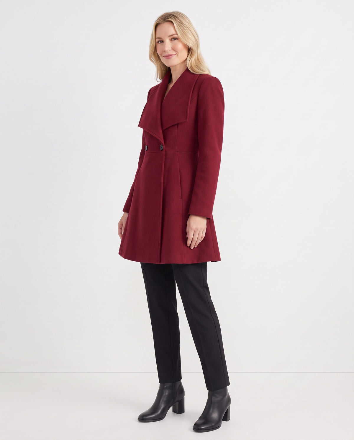Odile | Women's Fitted Winter Wool Coat with Draped Lapel and Flared Hem in Wine Red side view