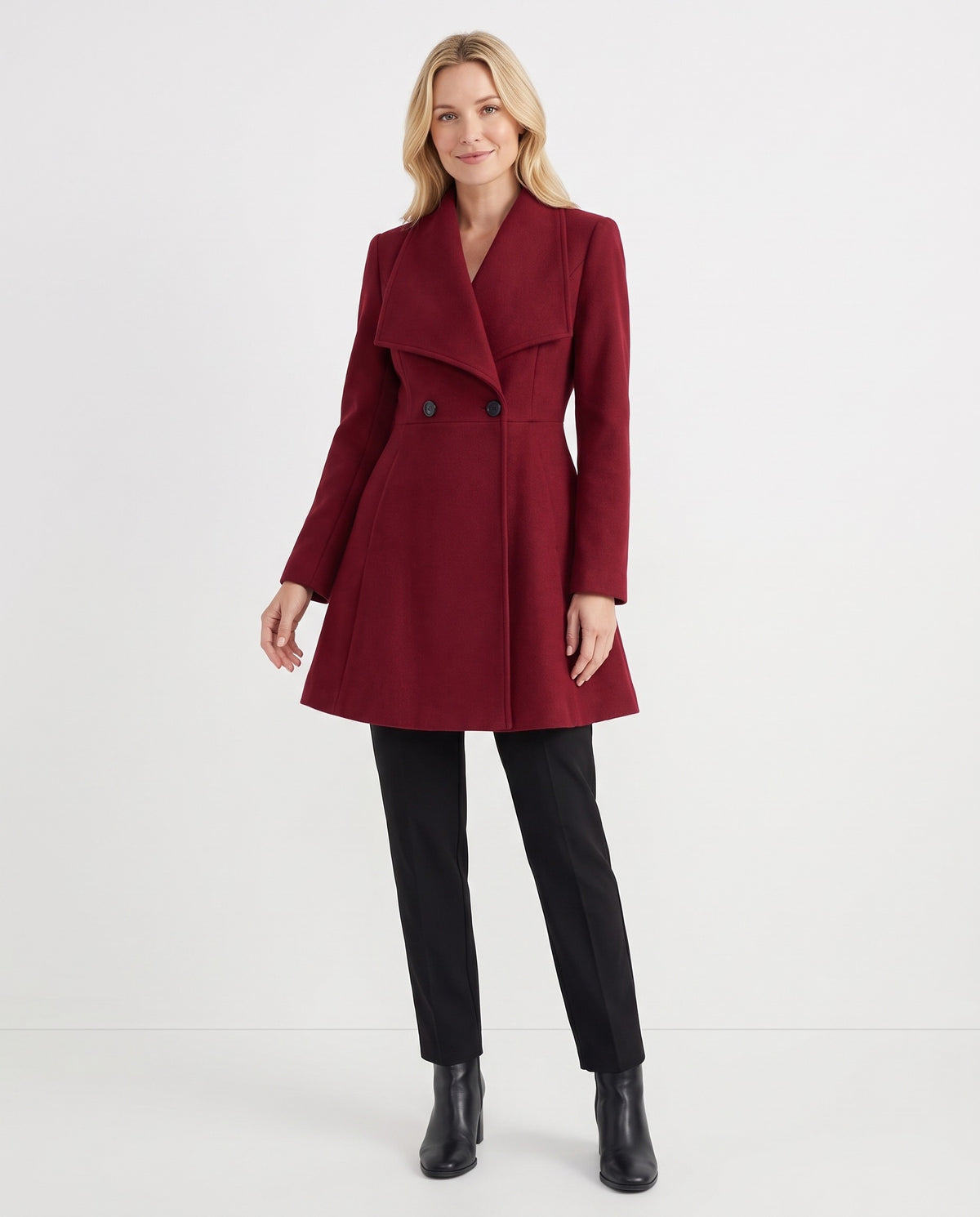 Odile | Women's Fitted Winter Wool Coat with Draped Lapel and Flared Hem in Wine Red