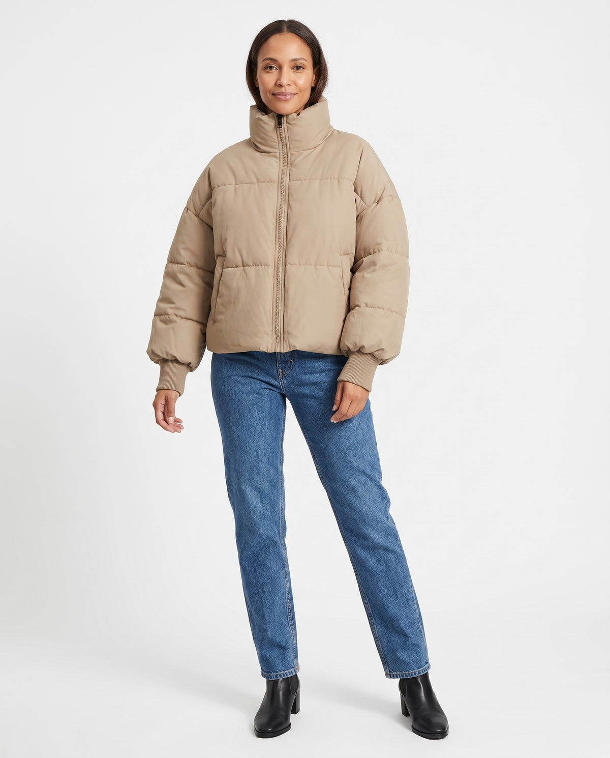 Hazel | Women's Cropped Winter Puffer Jacket with High Collar and Cuffs in Beige