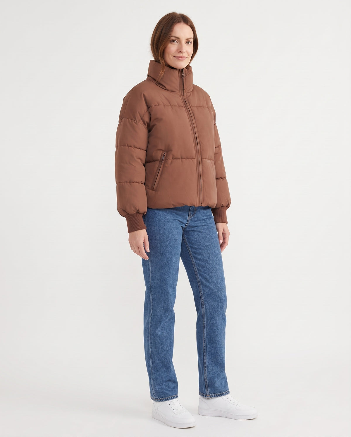 Hazel | Women's Cropped Winter Puffer Jacket with High Collar and Cuffs in Brown side view