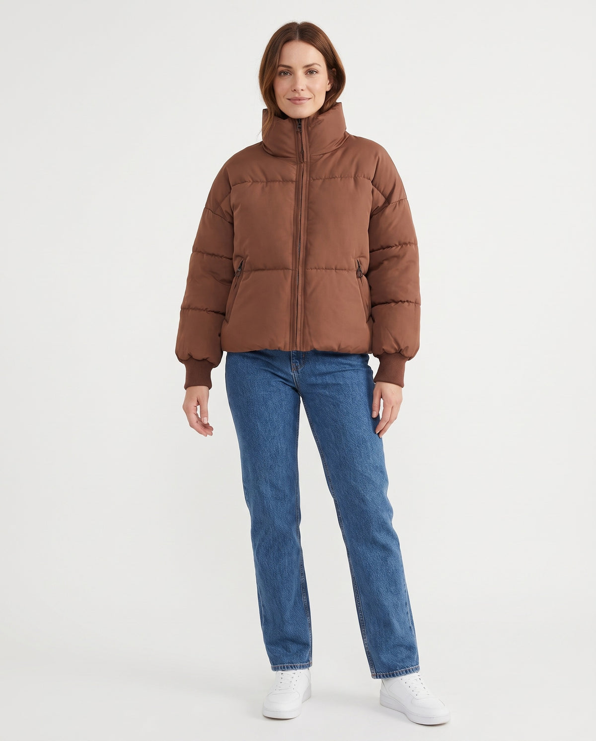 Hazel | Women's Cropped Winter Puffer Jacket with High Collar and Cuffs in Brown