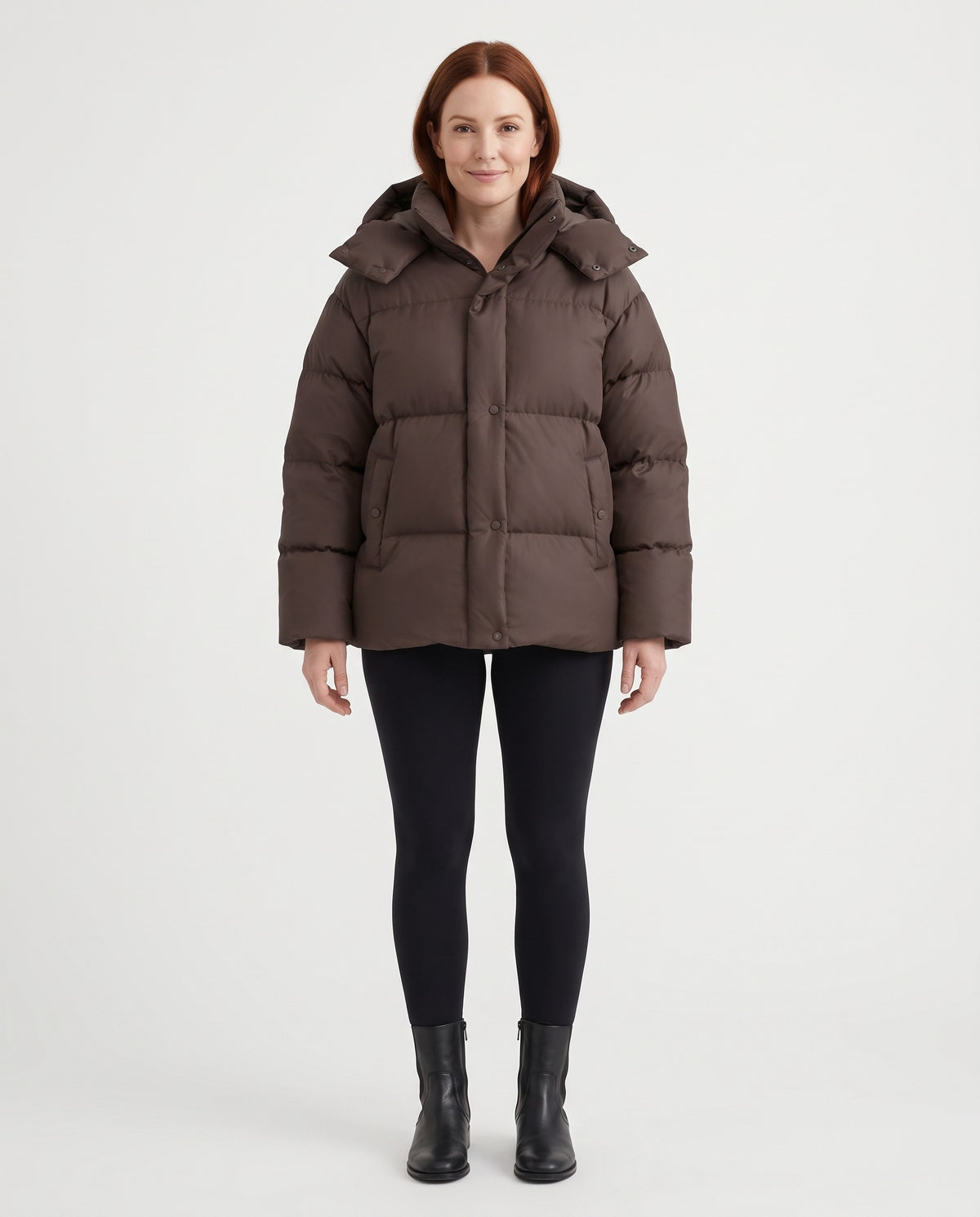 Posy | Women's Winter Puffer Jacket with Padded Hood and Snap Front in Brown