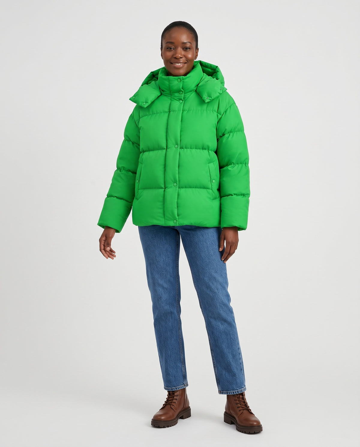 Posy | Women's Winter Puffer Jacket with Padded Hood and Snap Front in Green