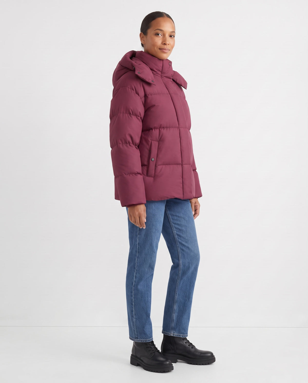 Posy | Women's Winter Puffer Jacket with Padded Hood and Snap Front in Wine Red side view