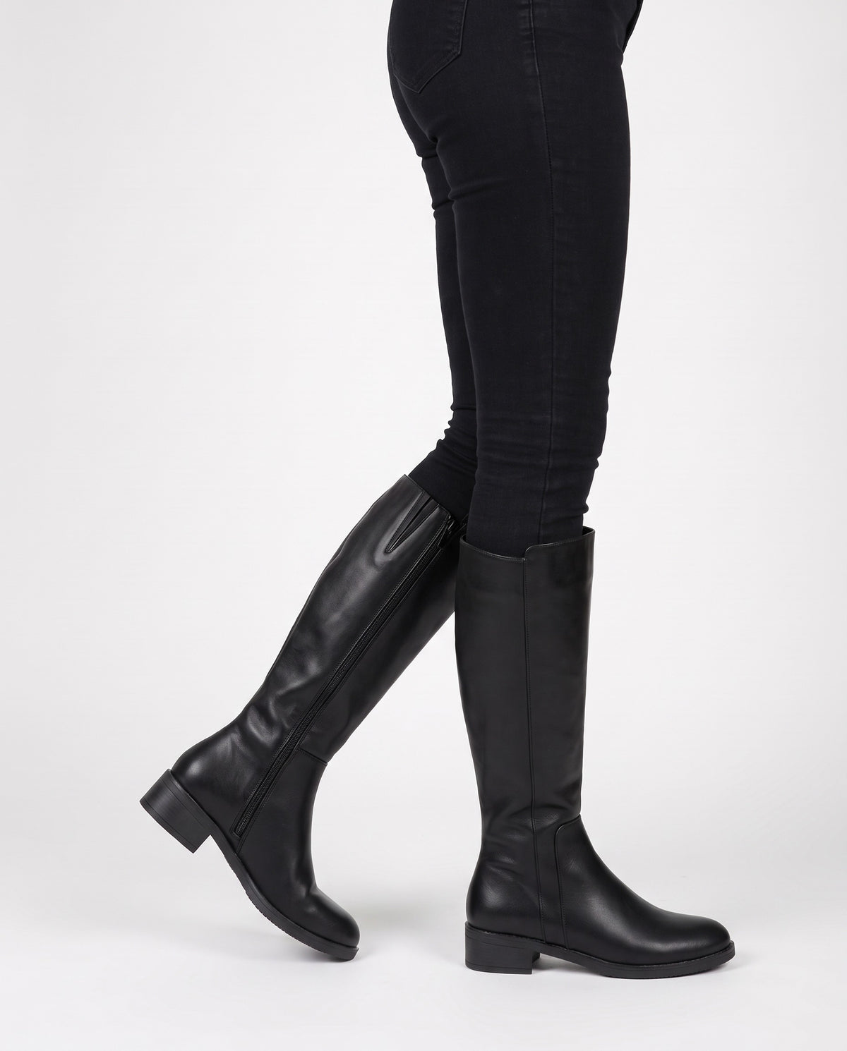 Beverly | Women's Leather Knee High Boots with Block Heel and Side Zip in Black side view