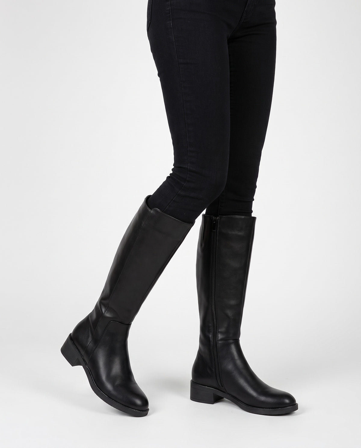 Beverly | Women's Leather Knee High Boots with Block Heel and Side Zip in Black