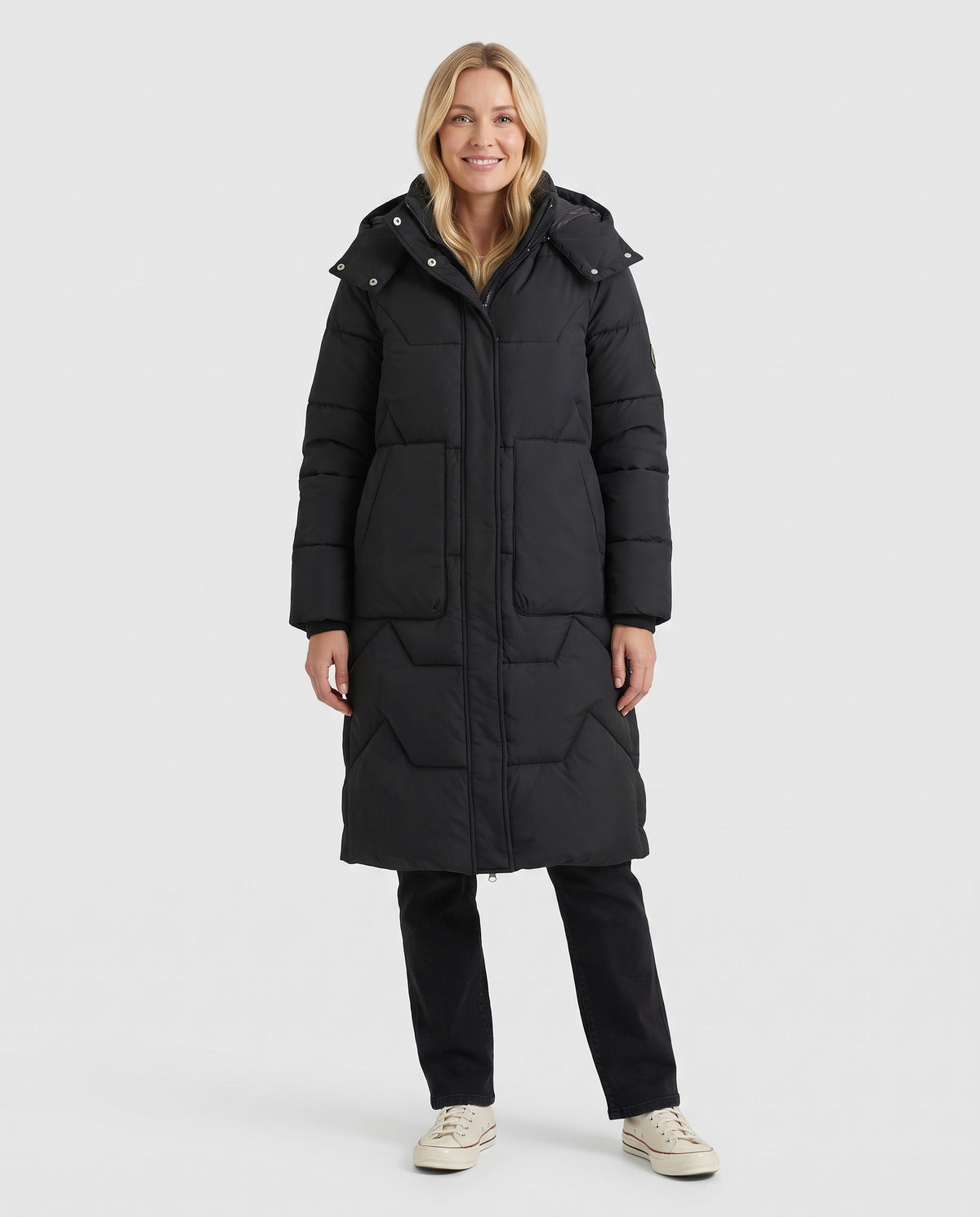Susannah | Women's Long Puffer Coat with Hood and Deep Pockets for Winter in Black