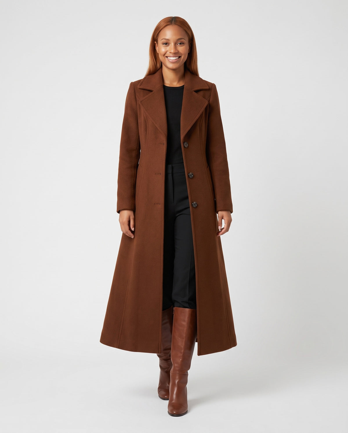Goldie | Women's Long Winter Wool Coat with Fitted Waist and Flared Hem in Brown