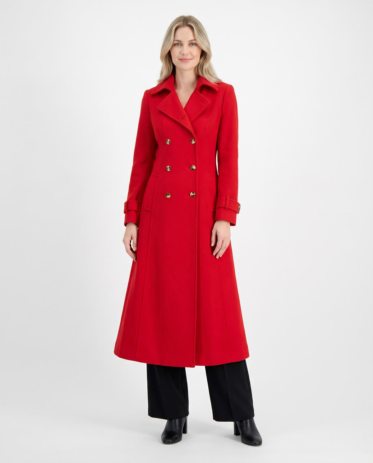 Goldie | Women's Long Winter Wool Coat with Fitted Waist and Flared Hem in Red