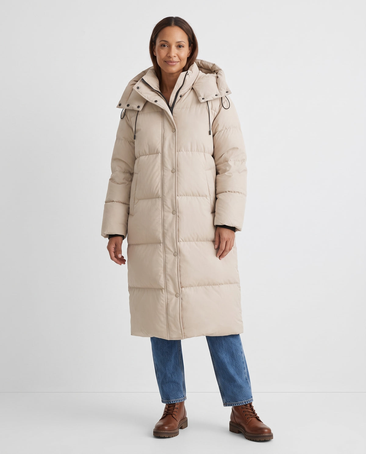 Vera | Women's Long Puffer Coat with Hood and Button Front for Winter in Beige
