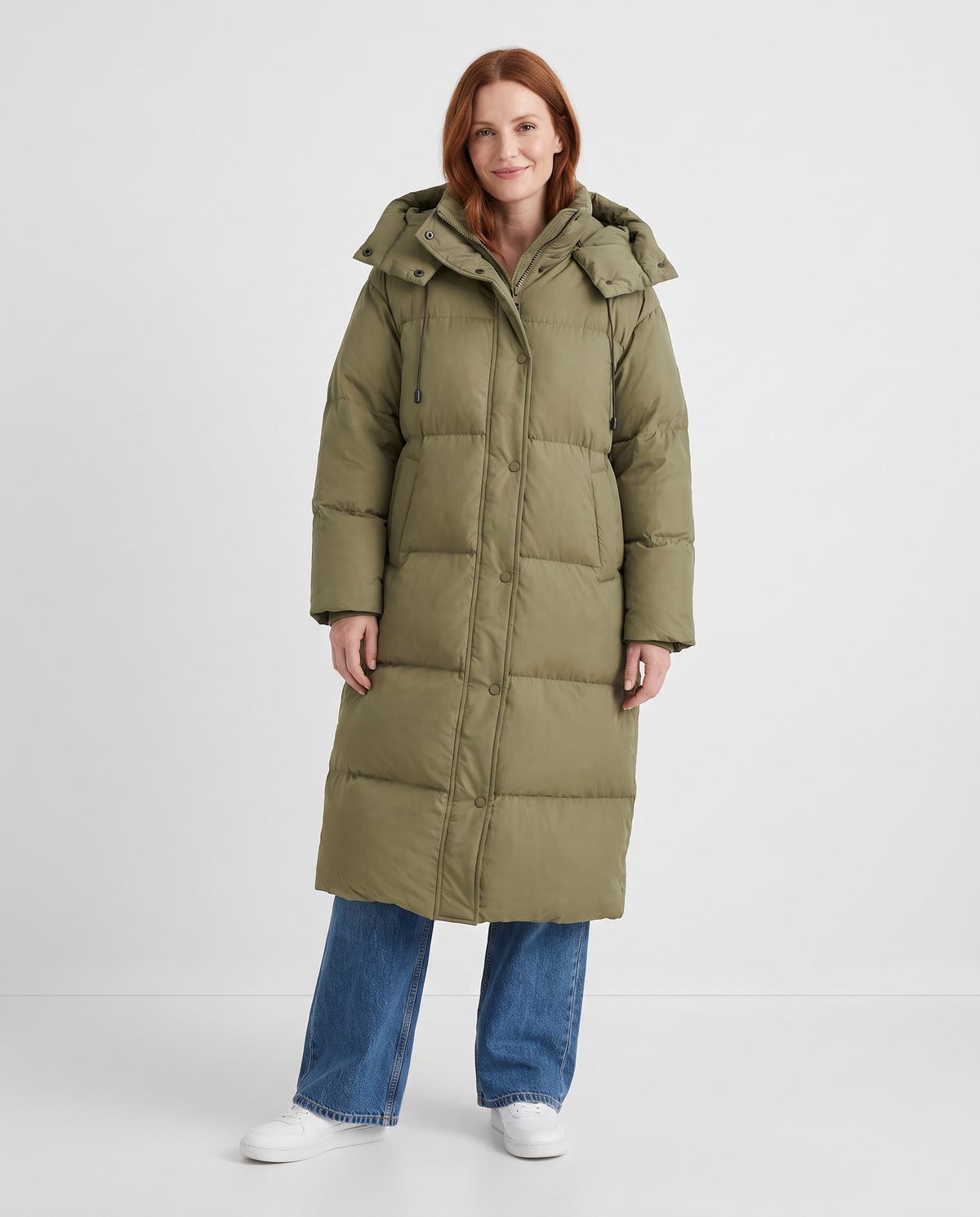 Vera | Women's Long Puffer Coat with Hood and Button Front for Winter in Green