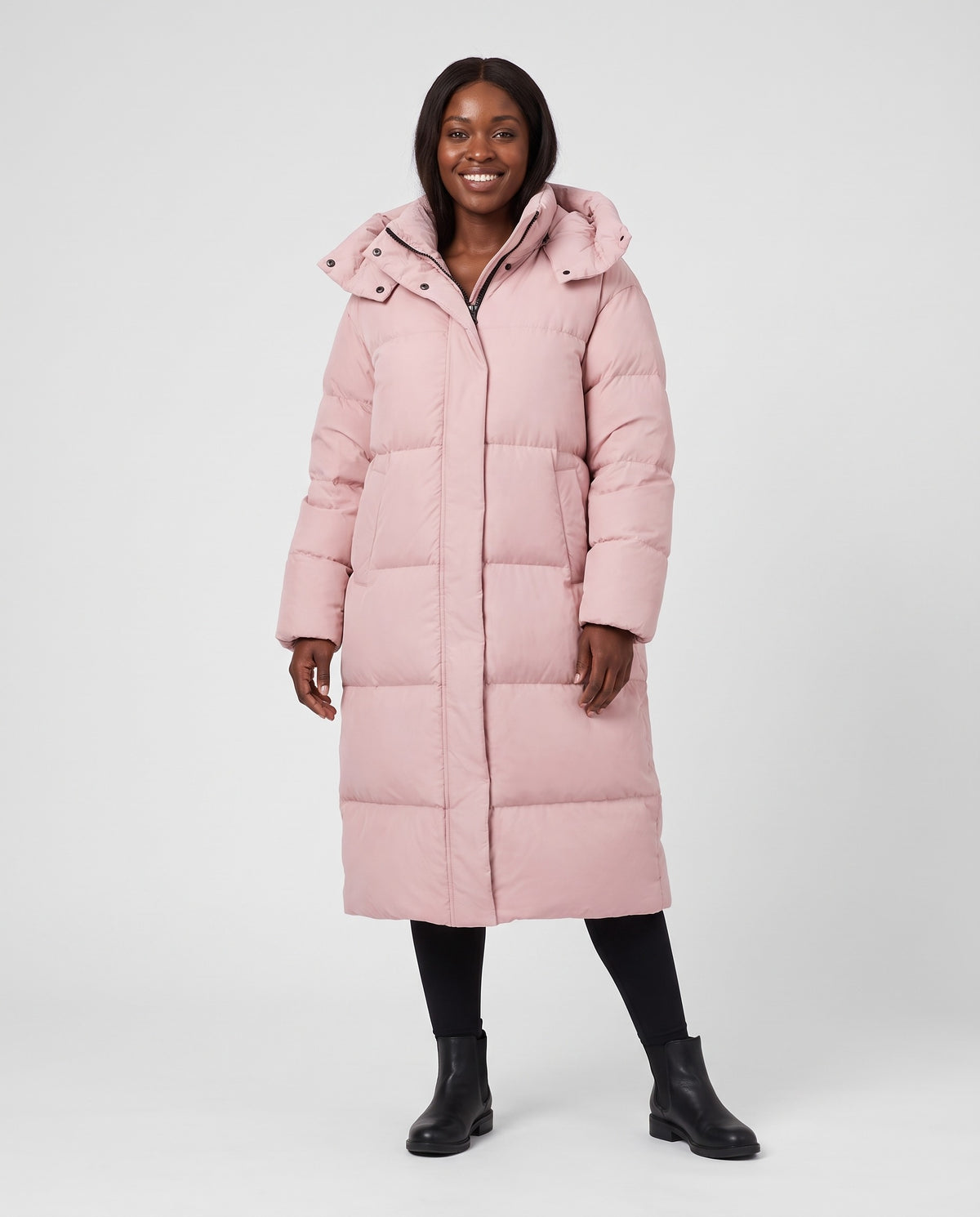 Vera | Women's Long Puffer Coat with Hood and Button Front for Winter in Pink