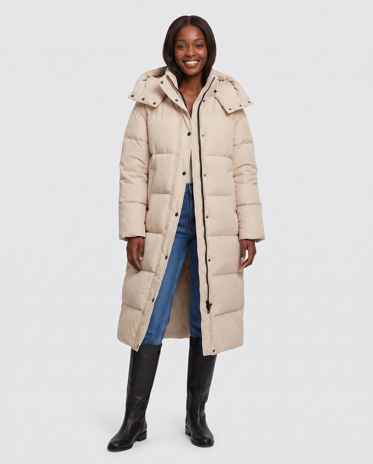 Bess | Women's Quilted Winter Puffer Coat with Hood and Longline Fit in Beige