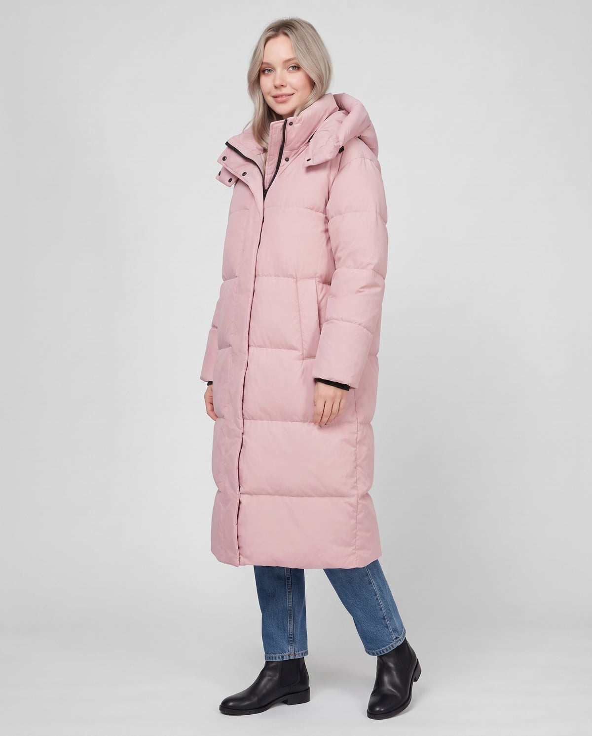 Bess | Women's Quilted Winter Puffer Coat with Hood and Longline Fit in Pink side view