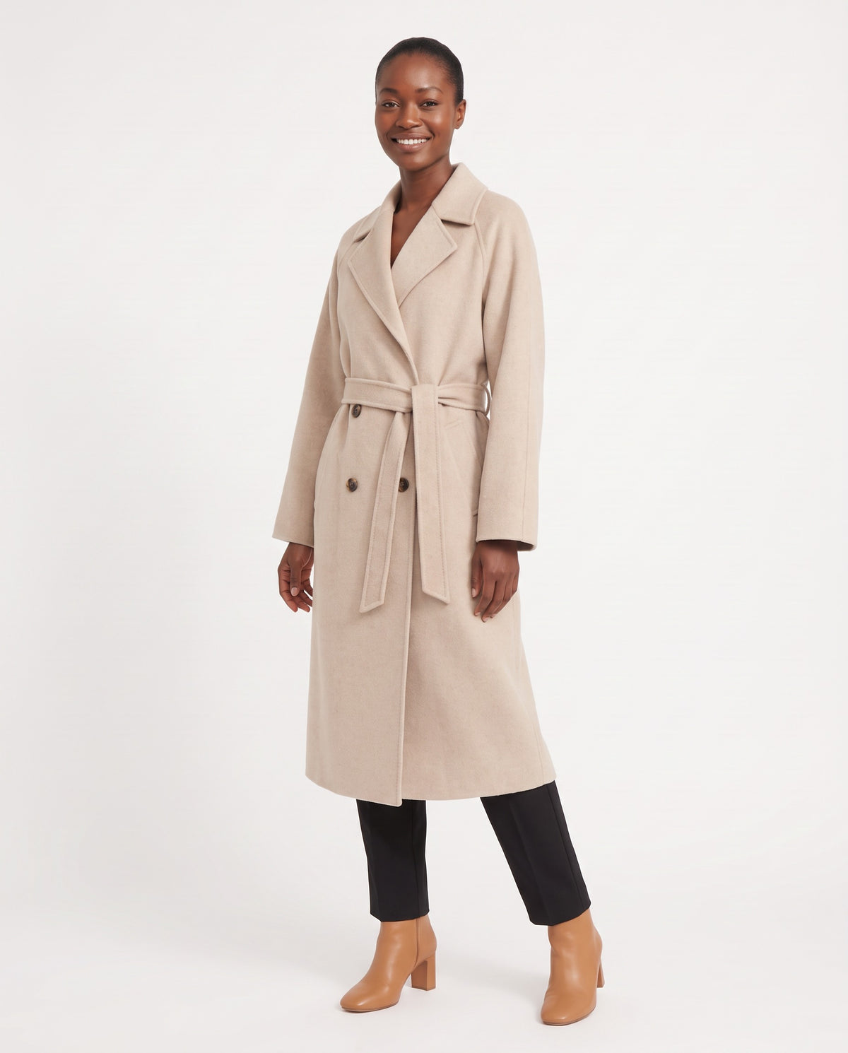 Lark | Women's Oversized Winter Wool Coat with Notch Lapels and Tie Belt in Beige side view