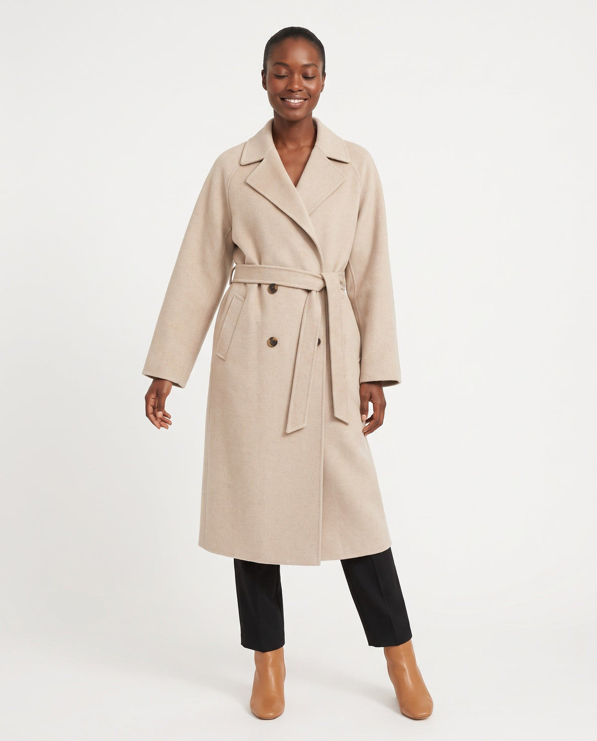 Lark | Women's Oversized Winter Wool Coat with Notch Lapels and Tie Belt in Beige