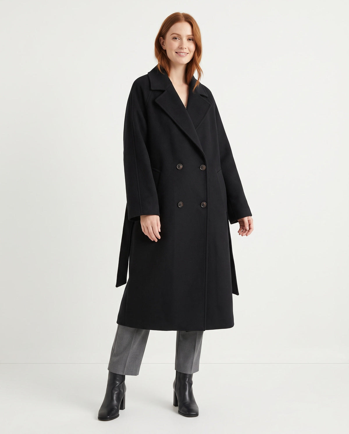 Lark | Women's Oversized Winter Wool Coat with Notch Lapels and Tie Belt in Black