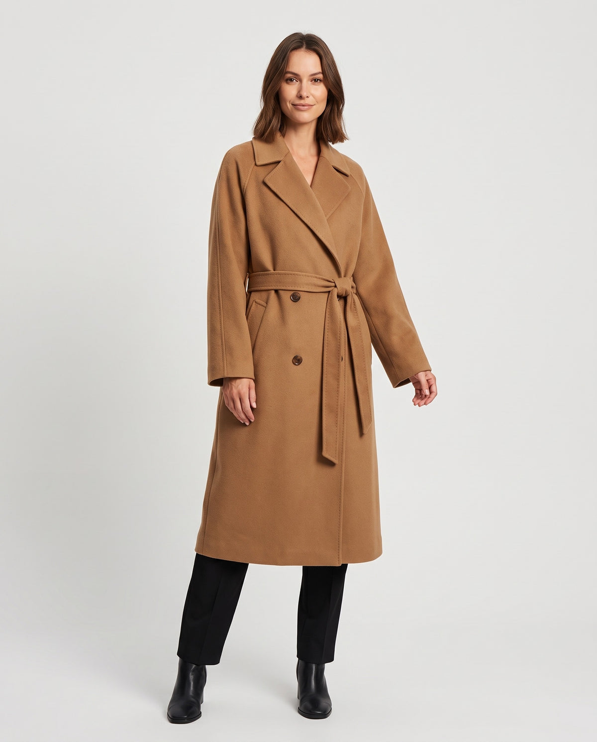 Lark | Women's Oversized Winter Wool Coat with Notch Lapels and Tie Belt in Brown