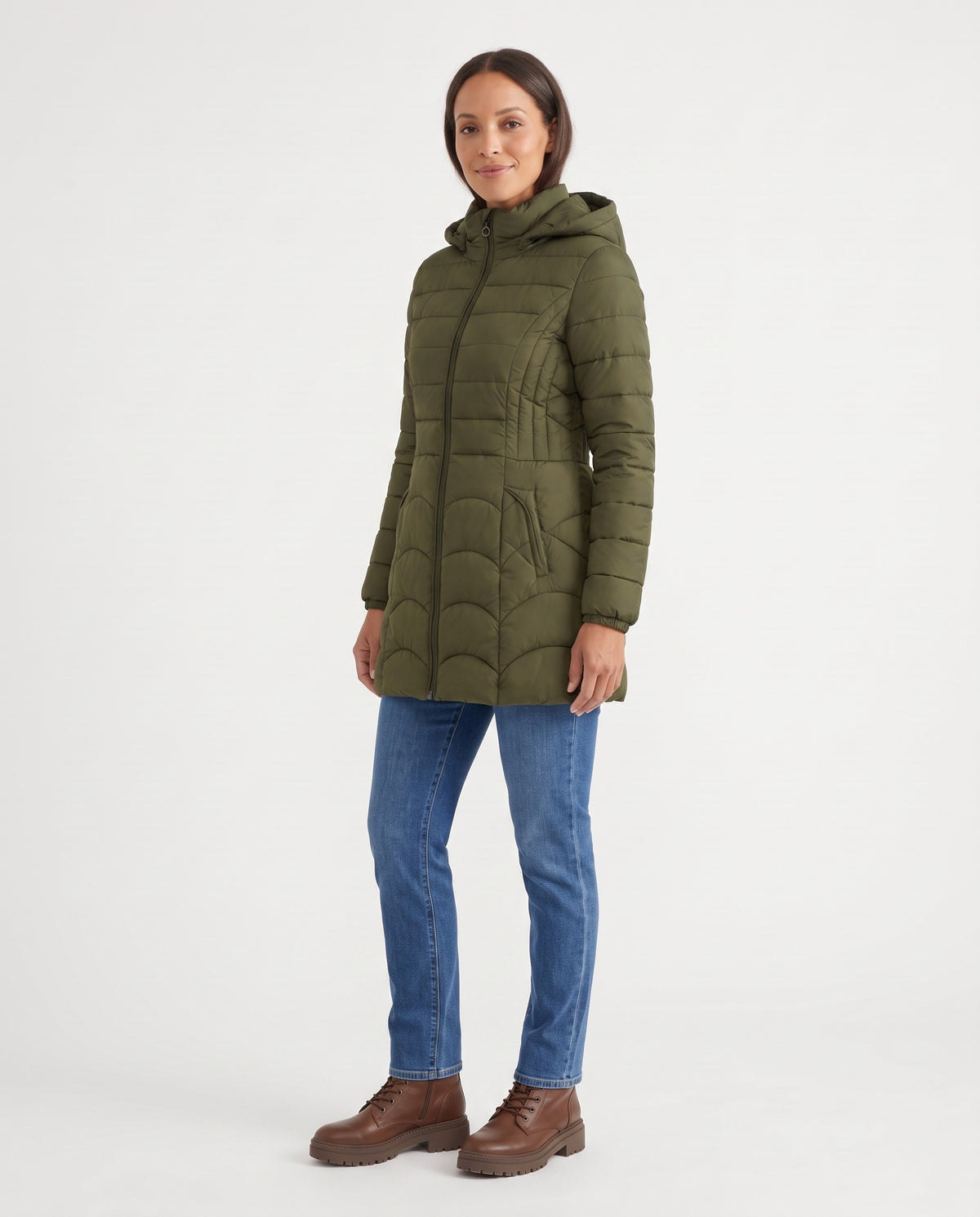 Sylvie | Women's Fitted Winter Puffer Coat with Hood and Scalloped Quilting in Army Green side view