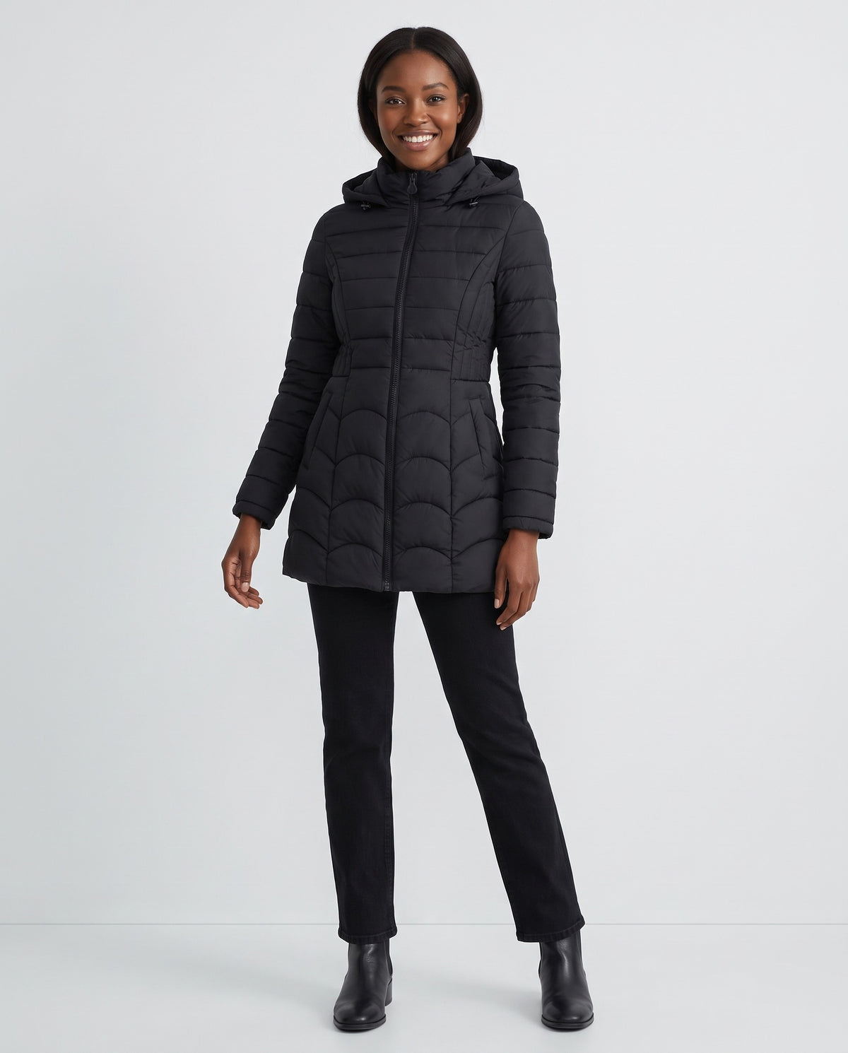 Sylvie | Women's Fitted Winter Puffer Coat with Hood and Scalloped Quilting in Black