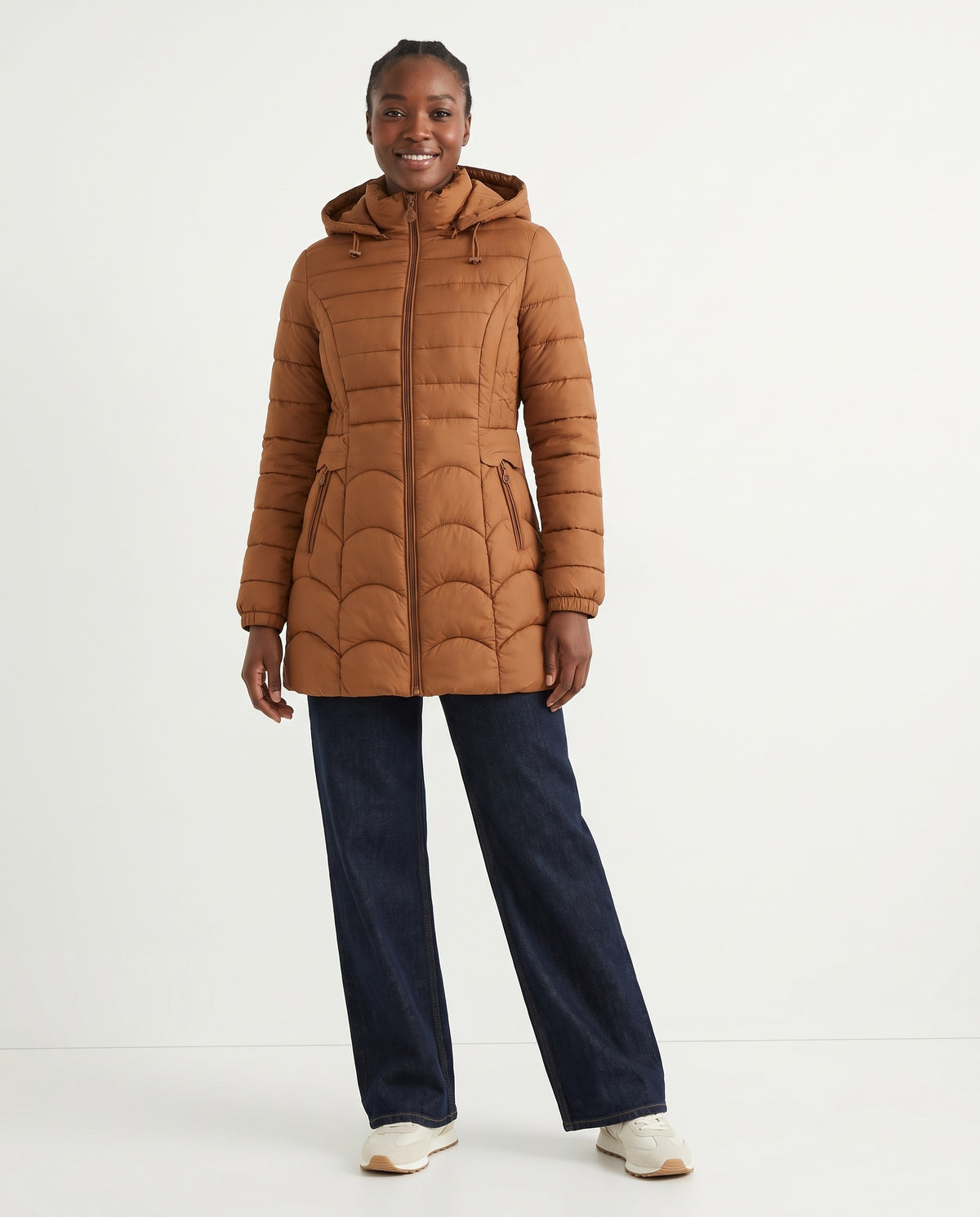 Sylvie | Women's Fitted Winter Puffer Coat with Hood and Scalloped Quilting in Caramel