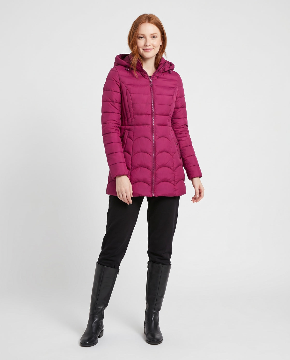 Sylvie | Women's Fitted Winter Puffer Coat with Hood and Scalloped Quilting in Magenta