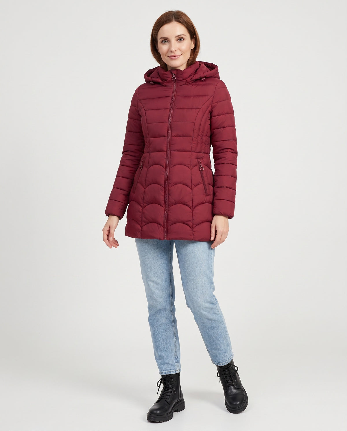 Sylvie | Women's Fitted Winter Puffer Coat with Hood and Scalloped Quilting in Wine Red
