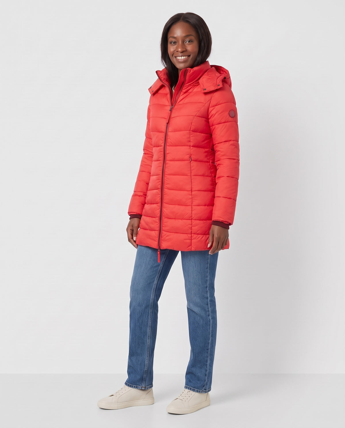Fleur | Women's Slim Quilted Puffer Coat with Detachable Hood for Winter in Red side view