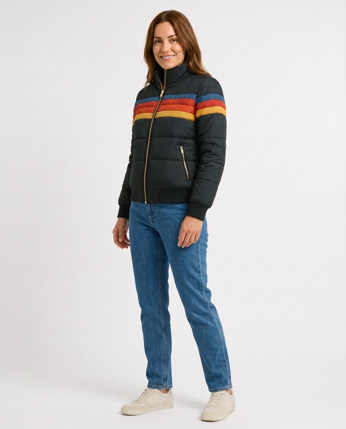 Romy | Women's Winter Puffer Jacket with Retro Chest Panel and Ribbed Hem in Black side view